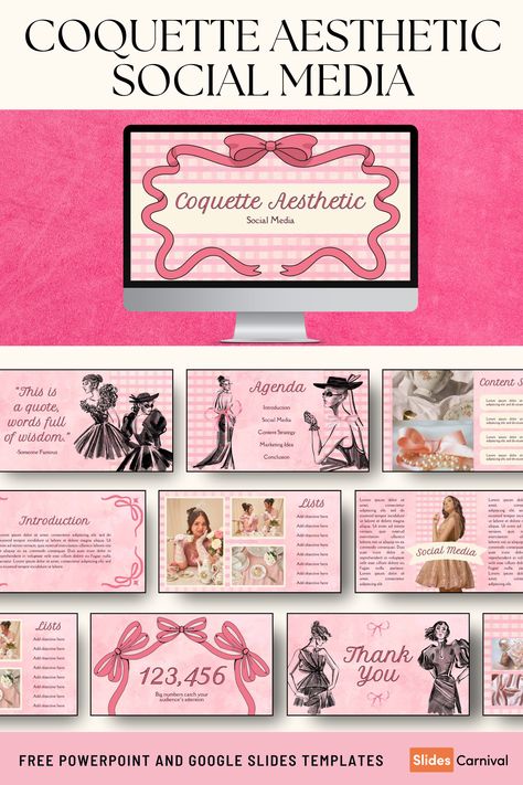 Bring a touch of vintage charm to your social media content with our Coquette Aesthetic Social Media Slides. Crafted for everyone, this classic and pink-themed slideshow template is perfect for influencers, small business owners, and content creators looking to captivate their audience. Use it to showcase your latest updates, new products, or engaging stories with style and elegance. Cute Slideshow Templates, Y2k Slide Template, Y2k Slides Presentation, Pink Canva Template, Pink Google Slides Template, Coquette Ppt Template, Graphic Design Slides, Coquette Powerpoint Template, Slideshow Ideas Google Slides