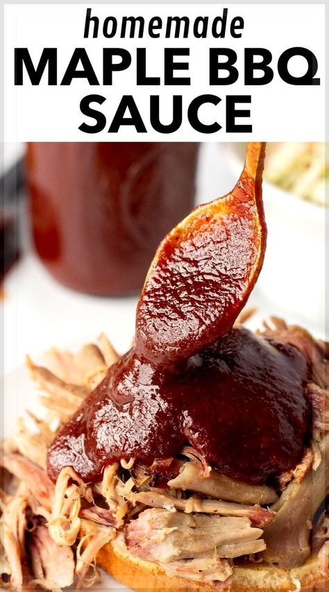 Create a batch of smoky sweetness with this homemade maple BBQ sauce! You can make grilling quick and flavorful with this maple-infused delight. This easy recipe brings the perfect balance of sweet & savory, ideal for brisket, chicken, meatballs, wings, pulled pork, and ribs. Discover more easy lunch and dinner recipes at hotpankitchen.com! Pork Bbq Sauce Recipe, Maple Bbq Sauce Recipe, Maple Bbq Sauce, Honey Bbq Sauce Recipe, Pulled Pork Sauce, Bbq Sauce Homemade Easy, Homemade Bbq Sauce Recipe, Rib Sauce, Sweet Bbq Sauce