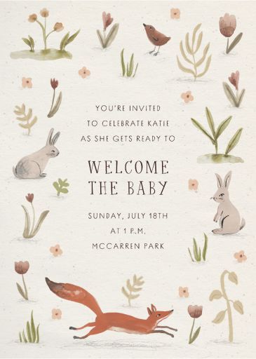 Paperless Post - The Fox and the Hare by Merrilee Liddiard Online Baby Shower Invites, Modern Classic Wedding Invitations, Holiday Party Themes, Belated Birthday Card, Spring Baby Shower, Woodland Baby Shower Invitations, Paperless Post, Kids Birthday Themes, Holiday Invitations