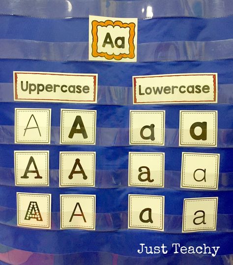 Alphabet Sort, Letter of the Day or Letter of the Week, www.JustTeachy.blogspot.com Task Boxes Preschool, Preschool Set Up, Alphabet Sort, Pocket Chart Center, Letter Of The Day, Letter Sort, Alphabet Centers, Pocket Chart Activities, Kindergarten Letters