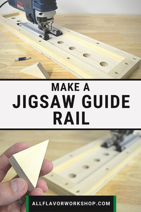 A simple DIY jigsaw guide rail that you can easily build for your workshop no matter your skill level. Learn how to build this easy portable jigsaw guide track that is perfect for a small shop! If you are building a workshop on a budget you should consider making this jigsaw guide jig. You'll save money and it will definitely help you with your projects and builds. An easy and simple woodworking project that will nicely enhance your workshop. #woodproject #workshopideas #homemadetools #diyideas How To Make A Jig, Jigsaw Jig Diy, Jigsaw Projects Woodworking, Woodworking Jigs How To Make, Jigsaw Projects Diy, Diy Jigsaw Projects, Jigsaw Jig, Woodworking Jigs Homemade, Jigsaw Table