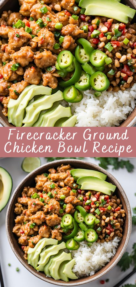 Firecracker Ground Chicken Bowl Recipe | Cheff Recipes Ground Meat Bowl Recipes, Whole30 Ground Chicken Recipes, Firecracker Ground Chicken Bowls, Firecracker Chicken Bowl, Ground Chicken With Rice Recipes, Ground Chicken Recipes Greek, Ground Chicken Bake, Ground Chicken Sweet Potato Recipes, Whole 30 Ground Chicken Recipes