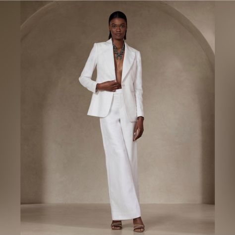 New With Tags Banana Republic Salma Wide-Leg Linen Tuxedo Pants. The Color Is A Beautiful Ivory White. Has A Stripe Down The Leg That Is A Different Material But It's Not Shiny. Very Pretty! Women Sizes 4 And 12 I Have The Matching Tuxedo Blazer In A Size 12. Linen Tuxedo, Linen Pants Suit, White Linen Suit, White Linen Pants, Tuxedo Pants, Striped Wide Leg Pants, Tuxedo Style, Black Wide Leg Pants, Linen Blend Pants