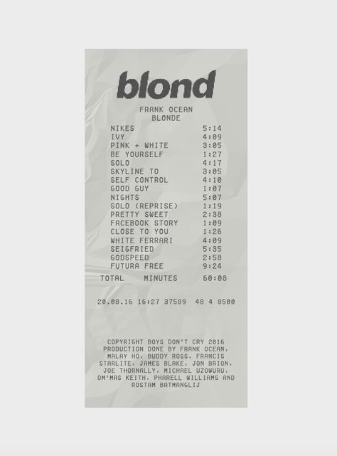 Frank Ocean Receipt, Receipt Png, Album Receipts, Frank Ocean Poster, Collage Mural, Collage Book, Music Collage, Dorm Posters, Office Shop