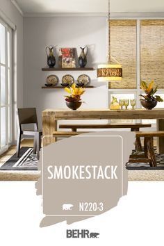 Behr Smokestack Paint, Smokestack Behr Paint, Earth Tone Living Room Paint, Behr Smokestack, Adobe Sand, Boho Chic Dining Room, Stylish Nightstand, Dining Room Paint Colors, Behr Paint Colors