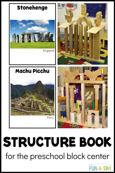 Inspire creativity in the preschool block center with this book of world structures! Includes a free printable. Bank Street Preschool Activities, Building Centre Kindergarten, Block Station Preschool, Preschool Buildings Theme, Architecture For Preschoolers, Architecture Preschool Activities, Building The Future Theme, Building For Kindergarten, Buildings Around The World Preschool