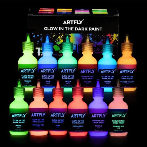 ARTFLY Glow in The Dark Paint, Glow Paint Set of 12 Bright Colors 30ml/1oz, Acrylic Glow in The Dark Paint Perfect for Art Painting, DIY projects, Halloween and Christmas Decorations, Rich Pigments : Amazon.co.uk: Home & Kitchen Glow In Dark Paint, Diy Projects Halloween, Glow Dance, Glow In Dark Party, Glow In The Dark Paint, Proton Pack, Glow Paint, Blue Slime, Cute Night Lights