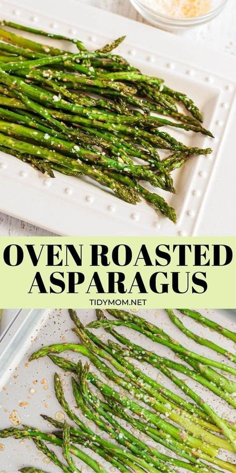 Oven Roasted Asparagus is a simple and easy vegetable side dish with very little prep and cook time. Baked asparagus drizzled with olive oil and garlic roasted with parmesan cheese is a delicious vegetable side dish to accompany your favorite entree! It's the best way to cook asparagus! PRINTABLE RECIPE at TidyMom.net Bakes Asparagus Recipes, Recipe For Asparagus In The Oven, How To Cook Esparragos, Bake Asparagus In Oven, Asparagus Oven Baked, Baking Asparagus In The Oven, Simple Asparagus Recipes, Oven Baked Asparagus Recipes, Cook Asparagus In Oven