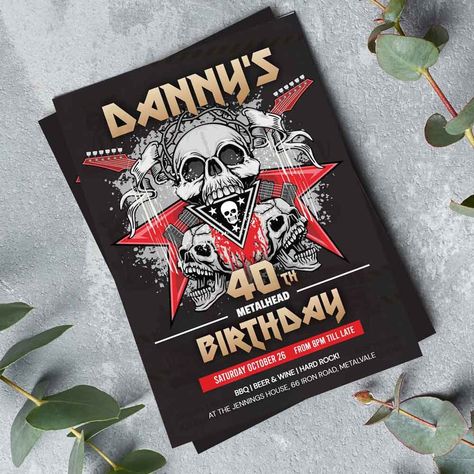 Heavy Metal Birthday Invite, 80's Birthday Invite, Editable Template, Reckers Men's Birthday Invite by TailoredFoxNZ on Etsy Heavy Metal Birthday Party, Heavy Metal Birthday, Metal Invitation, Metal Birthday Party, Metal Birthday, Rockstar Birthday, Men's Birthday, Metal Head, Boys Birthday