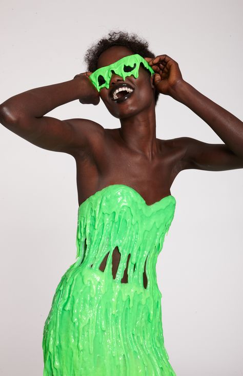 Melted by Too Faced...Bright, Vibrant, Liquid Smooth, Melt on Your Mouth! Slime Costume, Fashion Friday, Club Kids, Bustier Dress, Steam Punk, Gold Fashion, Art Music, Neon Green, Alternative Fashion