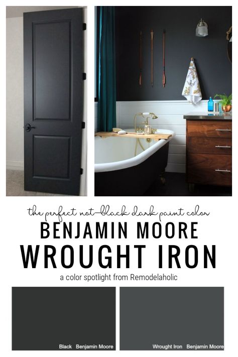 Wrought Iron by Benjamin Moore is the perfect dark paint color. Not quite black, it looks beautiful on interior doors, exterior doors, trim and walls! From Remodelaholic #Remodelaholic #benjaminmoore #wroughtironpaintcolor #bmwroughtiron #wroughtironbybenjaminmoore #darkpaintcolors #perfectdarkpaint #exteriordoorpaintcolor #darkpaintnotblack Black Interior Doors Benjamin Moore, Benjamin Moore Almost Black, Benjamin Moore Black Jack, Dark Trim Colors, Benjamin Moore Black Paint Colors, Wrought Iron Paint Color, Wrought Iron Benjamin Moore, Exterior Door Paint Colors, Black Trim Interior