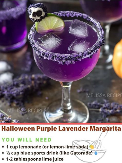 Melissa Recipes | 🎃 Non-Alcoholic Halloween Purple Lavender Mocktail 🍹 | Facebook Purple Mocktail Recipe, Purple Mocktail Non Alcoholic, 17th Birthday Party Ideas, Ur Gay, Mocktail Drinks, Halloween Purple, People Eater, Lemon Lime Soda, Mocktail Recipe