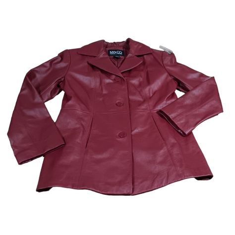 New York & Co Dark Red Women's S Leather Jacket New Vintage Y2k 90s A Line Burgundy Red Leather Jacket Minimalist Casual Classy Buttersoft Leather Jacket Button Up Pockets V Neck Burgundy Red City Urban Teacher University Business Casual Everyday Day Jacket Pristine Condition New No Tag , But The Extra Button Is Still Attached Note: Tiny Scratch Left Elbow ( You Can Only See It In The Last Picture Because I Did A Close Up) Buffy Red Leather Jacket, Cherry Leather Jacket, Dark Red Leather Jacket, 70s Winter Fashion, Vintage Jacket Outfit, Red Winter Coat, Burgundy Leather Jacket, 90s Jackets, 90s Urban Fashion