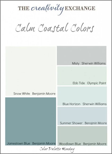 Calm Coastal Paint Colors {Color Palette Monday} Color Combinations Colour Palettes, Painting Ideas For Bedrooms, Benjamin Moore Calm, Room Decor Photos, Beachy Paint Colors, Woodlawn Blue Benjamin Moore, Cottage Paint Colors, Beach House Modern, Calm Coastal