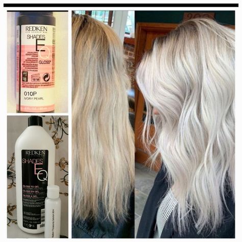 ~Redken Shades Eq Hair Gloss (Toner) Color: 010p Ivory Pearl Type: Demi-Permanent Standard Size: 2 Fl.Oz New ~About Redken Shades Eq Isn’t Your Run-Of-The-Mill Hair Gloss. In Fact, It’s The Haircolor That Thinks It’s A Conditioner And Delivers Fast, Professional Color Results. After A Gloss Service, You'll Leave The Salon With Healthier Looking And Feeling Hair With Beautiful Shine. The Formula Is Infused With Amino Acids That Help To Condition The Hair And Leave It Looking Super Shiny. It Only Toner For White Hair, Hair Toner Colors, Blonde Toner Formula, Pearl Blonde Hair, Toning Bleached Hair, Redken Toner, White Hair Toner, Icy Blonde Hair Color, Blonde Toner