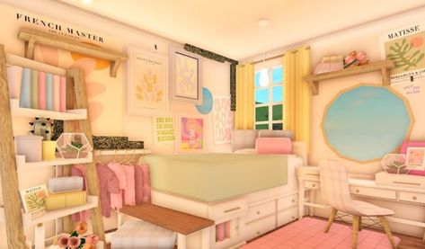 Danish Pastel Bloxburg House Layout, Cute Pink Bloxburg House, Bloxburg Pastel Bedroom, Kawaii Bloxburg House, Pink Aesthetic Bloxburg House, Roblox Decor, Bloxburg Bedroom Ideas, Bloxburg Aesthetic, Bloxburg Bedroom