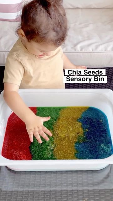 MISS FARAH TUTORIALS on Instagram: "🎈CHIA SEEDS SENSORY BIN The perfect sensory bin for your toddler who puts everything in his mouth! All you need is 1/4 cup of chia seeds, 1 3/4 cups of water and food colouring. I placed them in the refrigerator overnight. It’s a bit messy, but I loved the colours and the jelly consistency. It was kind of like slime but taste-safe! You have to try it, your little one will love it. ❤️save this activity for later ❤️Tag a friend who would love this!" Chia Seed Tuff Tray, Chia Seed Sensory Bin, Chia Seed Sensory Play, Colours Eyfs, Chia Slime, Chia Seed Slime, Seed Activities For Kids, Babies Activities, Chai Seed