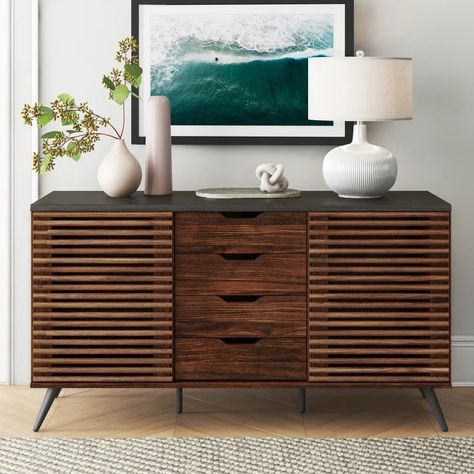 Mercury Row® Brumit 59" Wide 4 Drawer Sideboard & Reviews | Wayfair Slatted Cabinet, Slat Sideboard, Wide Sideboard, Mid Century Sideboard, Solid Wood Sideboard, Mid Century Modern Decor, Wood Sideboard, Countertop Materials, Metal Ball