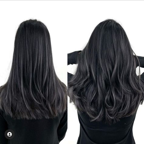 Hair Dye Ideas On Black Hair, Grey Brown Highlights On Dark Hair, Ash Highlights For Black Hair, Dark And Ashy Hair, Deminsional Black Hair, Grey Hair With Black Low Lights, Black Hair With Dark Grey Highlights, Black Onyx Hair Color, Dimension In Dark Hair