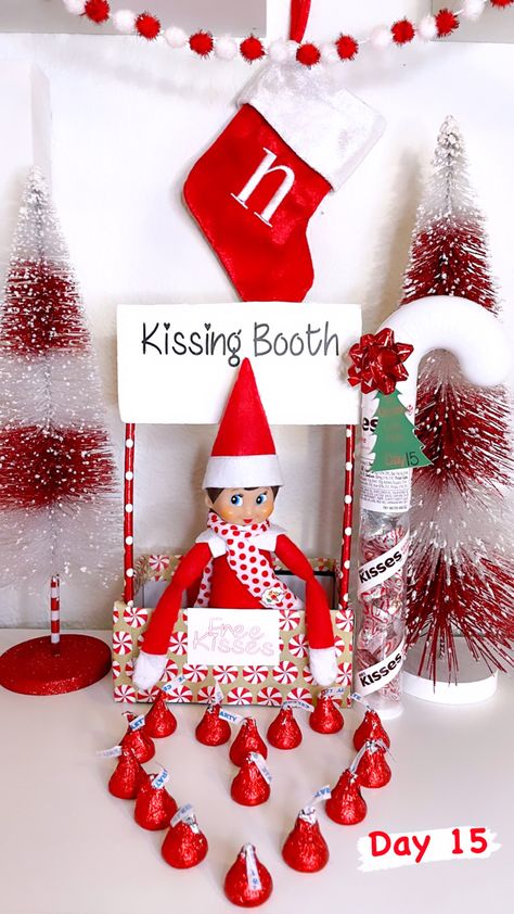 Elf With Advent Calendar, Elf On The Shelf Kissing Booth, Elf On The Shelf Hershey Kisses, Elf Kissing Booth, Elf On Shelf Printables, Elf Kisses, Hersey Kisses, Elf Ideas Easy, Elf Games