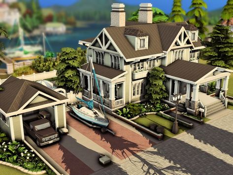 The Sims Resource - Coastal Family House Modern Beach House Sims 4, Sims 4 Costal House, American House Layout, Sims 4 Hamptons House, Sims 4 Modern Family Home, Sims 4 Brindleton Bay House, Sims 4 Lake House, Sims 4 Coastal House, Sims Farmhouse