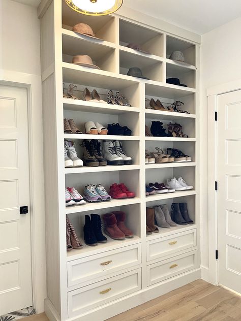 Space of the Week: A DIYer Built This Gorgeous Floor-to-Ceiling Shoe Storage Wall—and We Want One Shoe Storage Wall, Diy Master Closet, Wall Shoe Storage, Ikea Pax Closet, Master Closet Design, Closet Shoe, Closet Built Ins, Shoe Wall, Big Closets