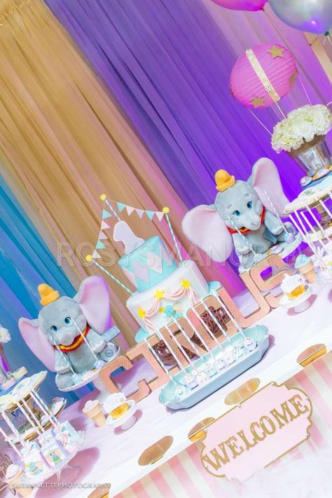 Charlize's Dumbo Circus 1st Birthday | CatchMyParty.com Pastel Carnival, Circus Birthday Party Ideas, Dumbo Birthday Party, Jordan Baby Shower, Carnival Baby Showers, Circus 1st Birthdays, Circus Birthday Party Theme, Disney Baby Shower, Elephant Party