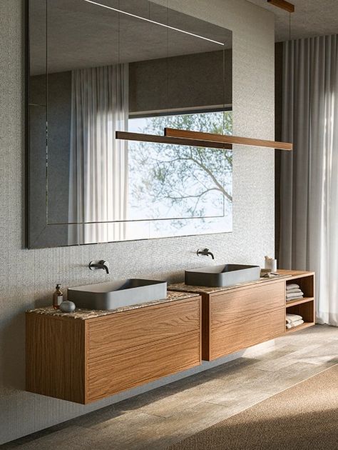 Floating Bathroom Vanity | Boffi Wood-in Boffi Bathroom, Floating Wood Vanity, Italian Bathroom Design, Bathroom Model, Floating Bathroom Vanity, Grey Oak, Marble Granite, Italian Luxury, Grey Stone