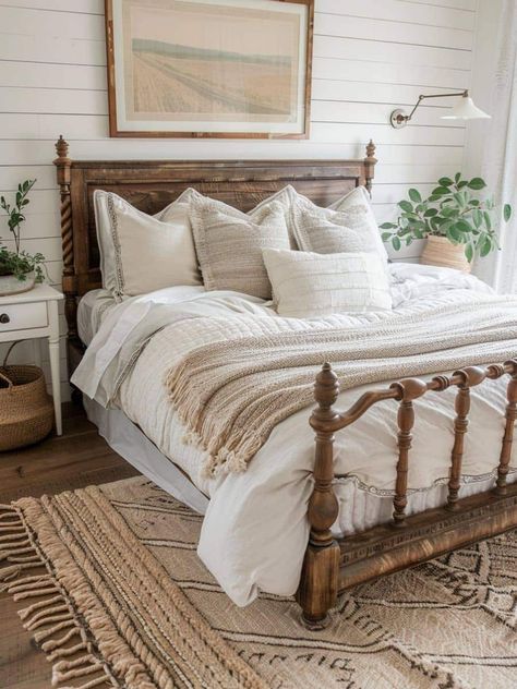 Over 50 Vintage Farmhouse Bedroom Designs to Love Spare Bedroom Farmhouse Ideas, Modern Country Bedrooms, Bedrooms Farmhouse, Boho Master, Vintage Farmhouse Bedroom, Bloxburg Interior, Farmhouse Guest Bedroom, Rustic Farmhouse Bedroom, Farmhouse Bedroom Ideas