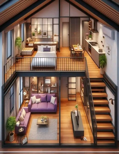 Small Duplex House Plans, Loft Cabin, House Structure Design, Loft House Design, Studio Apartment Living, Tiny House Luxury, Mini Loft, Cool Room Designs, Small Cottage Homes