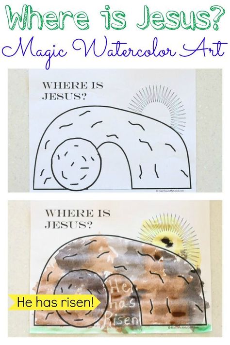 Such a simple and meaningful Easter activity:  "Where is Jesus?"  Magic Watercolor Art Activity Christ Centered Easter Crafts, Resurrection Crafts, Where Is Jesus, Magic Watercolor, Palm Sunday Crafts, Christ Centered Easter, Easter Lessons, Easter Sunday School, Easter Crafts Preschool