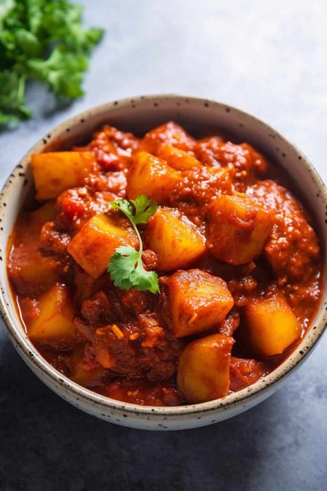 Aloo Vindaloo- Potato Vindaloo - The Daily Dish Potato Vindaloo Recipe, Mint Raita, Vindaloo Curry, Vindaloo Recipe, Easy Flatbread, Vegan Grocery List, Vegan Indian Recipes, Tofu Recipes Vegan, Indian Flat Bread