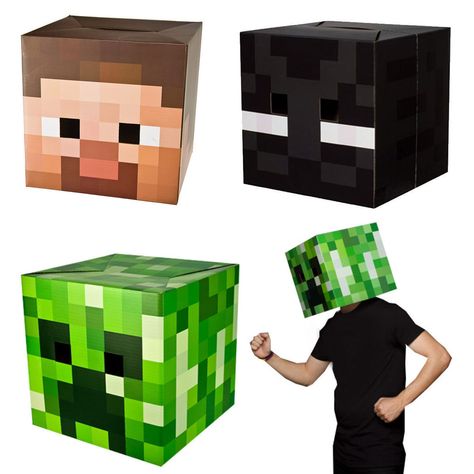 MINECRAFT BOX HEADS fancy dress costume party enderman creeper steve cardboard in Clothes, Shoes & Accessories, Fancy Dress & Period Costume, Fancy Dress | eBay Minecraft Fancy Dress, Cardboard Minecraft, Minecraft Box, Minecraft Costumes, Cardboard Crafts Kids, Boys Fancy Dress, Minecraft Printables, Minecraft Toys, Green Costumes