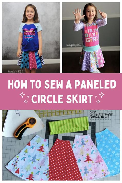 How to Sew a Paneled Circle Skirt | Tutorial For Girls and Dolls Too Paneled Skirt Pattern, Diy Circle Skirt, Circle Skirt Tutorial, Circle Skirt Pattern, Girl Skater, Diy Girls, Skirt Diy, Scrap Busters, Skirt Tutorial