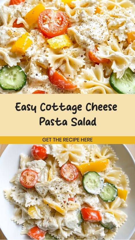 Indulge in a delightful culinary experience with this flavorful cottage cheese pasta salad recipe! Packed with vibrant colors and unique textures, this dish is perfect for a quick weeknight dinner or a weekend picnic. The creamy cottage cheese perfectly complements the al dente pasta, while the fresh veggies add a burst of freshness to every bite. Whether you're looking for a satisfying lunch option or a tasty side dish, this cottage cheese pasta salad is sure to impress your taste buds.

Ingred Cottage Cheese Pasta Salad, Cottage Cheese Recipes Lunch, Low Calorie Pasta Salad, Family Meals Crockpot, Cheese Pasta Salad, Cottage Cheese Dinner, Cottage Cheese Pasta, Cheese Salad Recipes, Cottage Cheese Salad