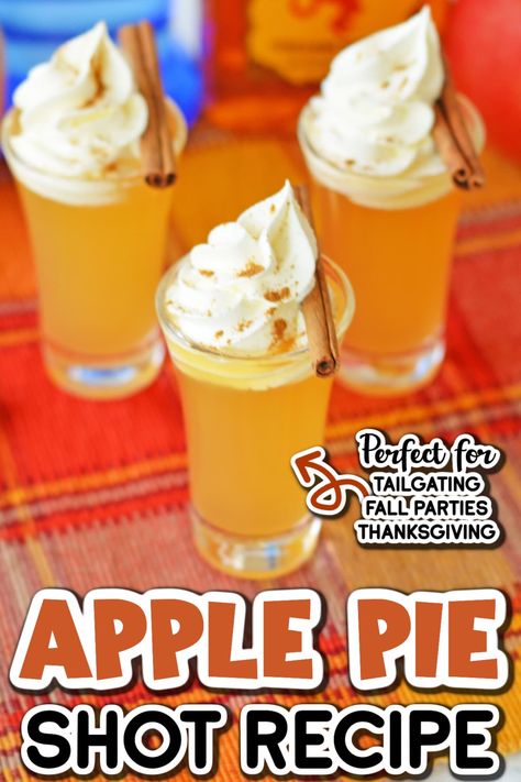 These easy apple pie shots are the perfect sweet treat to get your fall parties started. Boozy and delicious, they taste exactly like a freshly baked slice of apple pie, and they even include the whipped cream! Apple Pie Shots Recipe, Pie Whipped Cream, Apple Pie Shots, Mini Cocktails, Apple Pie Drink, Thanksgiving Apple Pie, Shooter Recipes, Apple Pie Moonshine, Apple Vodka