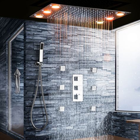 Rain Shower Head Ceiling, Ceiling Shower Head, Big Shower, Bathroom Shower Faucets, Dream Shower, Waterfall Shower, Best Bathroom Designs, Luxury Shower, Bathroom Remodel Shower