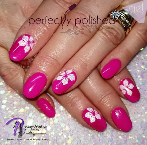 Bright pink and airbrushed flower nails. Colour the gel bottle miami, stencils by Petra jakes. Nails by me www.facebook.com/PerPolished Runcorn Cheshire Hot Pink Flower Nails, Pink And Orange Hibiscus Nails, Summer Nails Hibiscus Flower Pink, Hot Pink Nails Flower, Pink And Orange Nails Flowers, Bright Pink Floral Nails, Pink Flower Nails, Bright Pink Nails, Wedding Day Nails