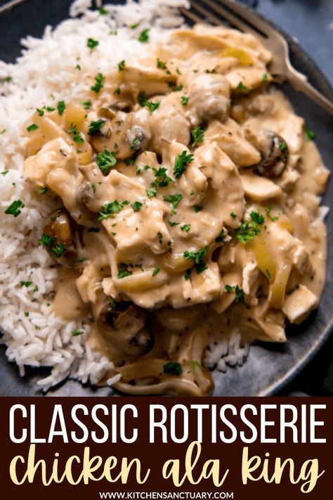 Leftover (or rotisserie) chicken in a creamy sauce with mushrooms and a hint of sherry. A rich, comforting and easy dinner.I love the way the sauce sinks into the rice, making every bite taste creamy, savoury and delicious. #chickenalaking #leftoverchicken Chicken Recipes With Mushrooms, Recipes With Mushrooms, Leftover Rotisserie Chicken Recipes, Leftover Chicken Recipes Easy, Rotisserie Chicken Recipes Leftover, Resep Pasta, Leftover Rotisserie, Chicken Mushroom Recipes, Roast Chicken Leftovers