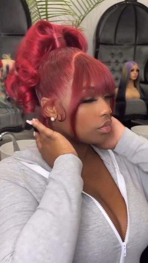 Colored Frontal Ponytail, Sew Inn With Leave Out, Two Frontal Ponytail Hairstyles, Frontal Ponytail With Color, Red Frontal Ponytail, Double Frontal Ponytail Hairstyles, 2 Frontal Ponytail Hairstyles, Two Frontal Ponytails, Ponytail Wigs Black Women