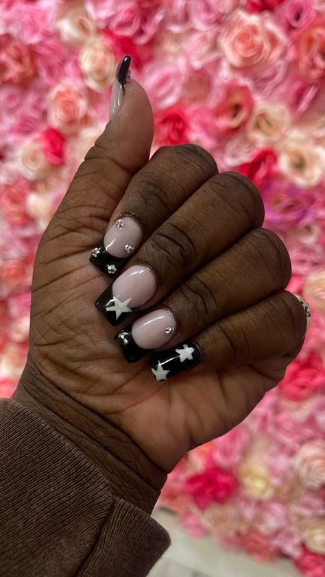 Black French Tip Nails With Stars, Short Black French Tip Nails With Design, Black French Tip With Rhinestones, Black French Tips With Rhinestones, Batman Nails Acrylic, Black French Tip Designs, Black French Tip Nails Short, Black Nails Acrylic Short, Black French Tip Nails With Design