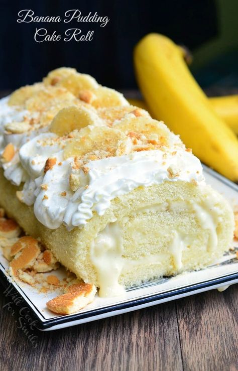 Banana Pudding Cake Roll - Will Cook For Smiles Will Cook For Smiles, Banana Pudding Cake, Homemade Banana Pudding, Cake Roll Recipes, Cinnamon Roll Cake, A Piece Of Cake, Pudding Cake, Delicious Cake, Roll Cake