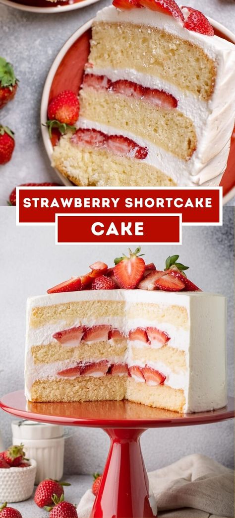 Strawberry Shortcake Cake Strawberry Shortcake Cheesecake, Strawberry Things, Cream Cheese Coffee Cake, Shortcake Cake, Strawberry Shortcake Cake, Moist Vanilla Cake, Rich Cake, Chilled Desserts, White Cake Recipe