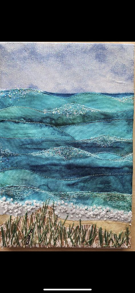 Landscape Quilts Tutorial, Stitched Landscapes, Quilted Landscapes, Textile Landscapes, Fabric Landscape, Beach Quilts, Quilt Landscape, Seascape Quilts, Landscape Quilting