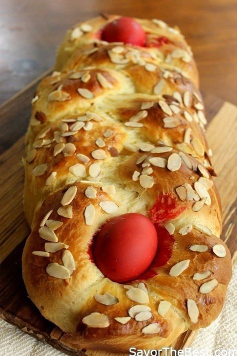 Greek Easter Bread (Tsoureki) Easter Sweet Bread, Greek Easter Recipes, Red Eggs, Greek Easter Bread, Salad Appetizer Cups, Pane Dolce, Mediterranean Spices, Greek Sweets, Greek Easter