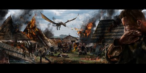 ArtStation - DRAGON ATTACK!!! Dragon Attacking Village, Photo Bashing, Artstation Dragon, Small Details, A Dragon, Character Creation, The Village, Drake