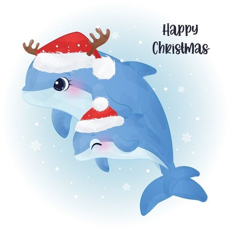 Cute Christmas Illustration, Dolphin Christmas, Baby Elephants Playing, Funny Dolphin, Baby Dolphin, Cartoon Dolphin, Giraffe Illustration, Panda Illustration, Whale Stuffed Animal