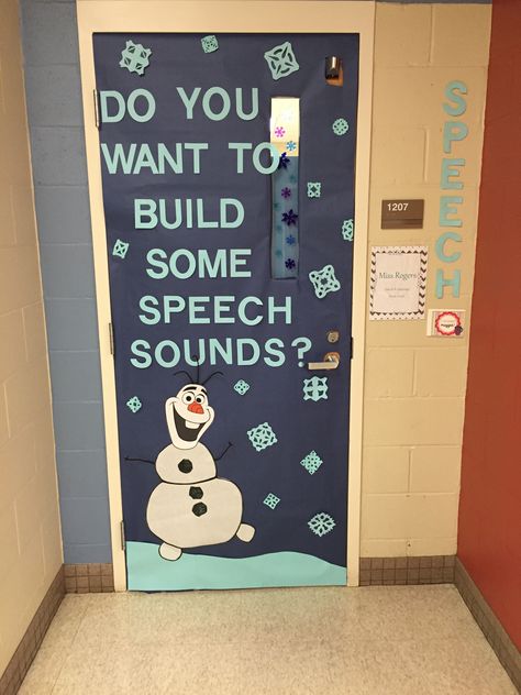 Speech-language bulletin board / door decorations #Olaf #slp Speech Therapist Door Decoration, Bulletin Board Ideas Speech Therapy, Speech Room Door Ideas, Speech Christmas Door, Winter Speech Bulletin Boards, Speech Door Decor, Speech Clinic Decor, Welcome To Speech Therapy Bulletin Board, Slp Door Decorations