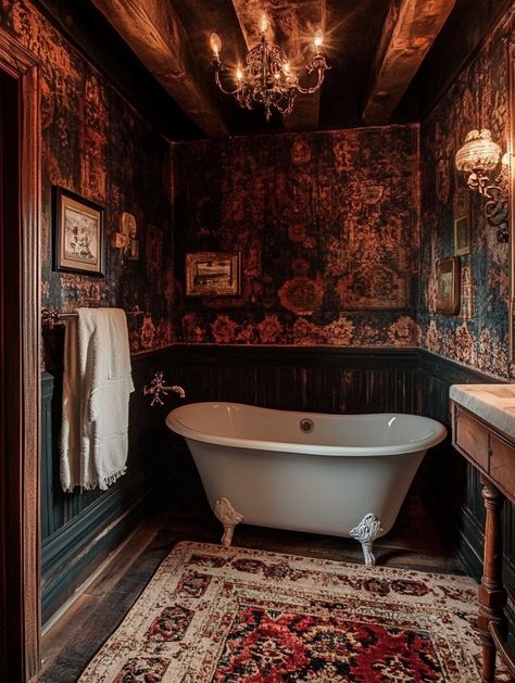 Gothic Americana Bathroom Design Dark Boho Bathroom Ideas, Moody Boho Bathroom, Dark Boho Bathroom, Dark Academia Bathroom, Spooky Bathroom, Dark Bathroom, Dark Boho, Dark Home Decor, Casa Vintage