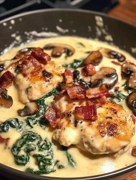 Smothered Chicken with Creamed Spinach, Bacon, and Mushrooms Smothered Chicken With Creamed Spinach, Chicken With Creamed Spinach, Chicken Spinach Mushroom, Chicken Spinach Recipes, Mini Crockpot Recipes, Creamed Spinach Recipe, Smothered Chicken, Bacon Stuffed Mushrooms, Chicken And Spinach